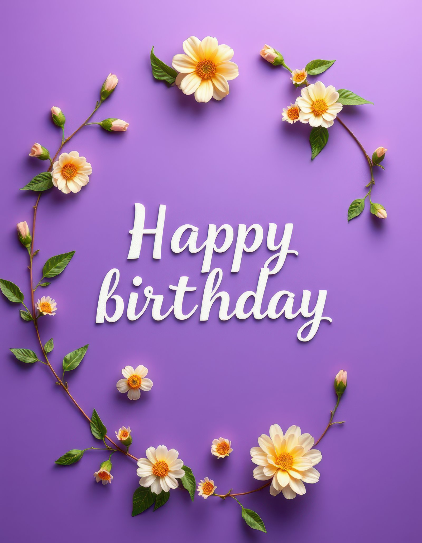 Floral birthday wishes celebrating joy and happiness with vibrant flowers on purple background